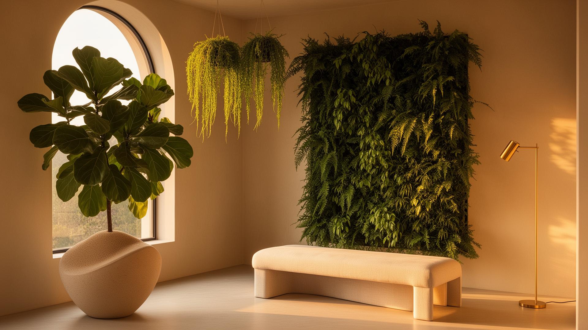 The same room transformed by Leafor with a fiddle leaf fig, living wall and brass lighting