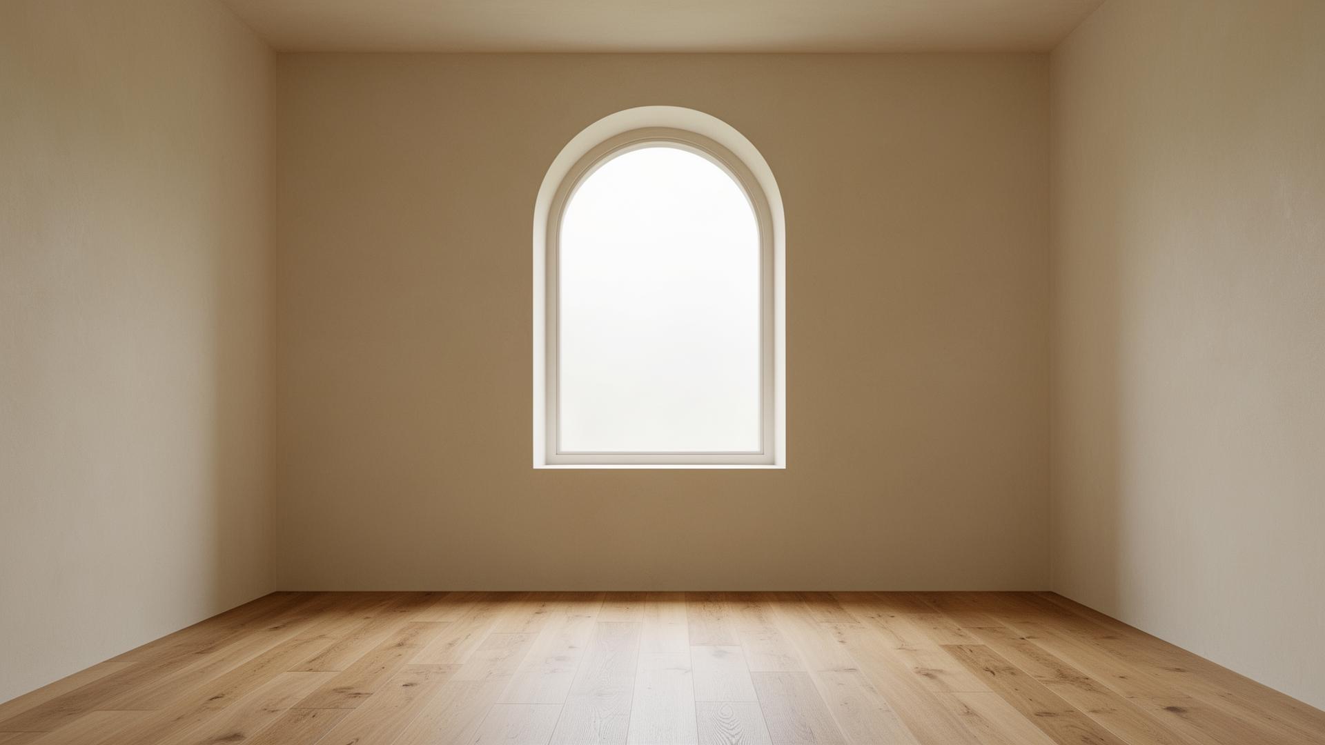 Empty beige minimalist room with an arched window and oak floor before transformation