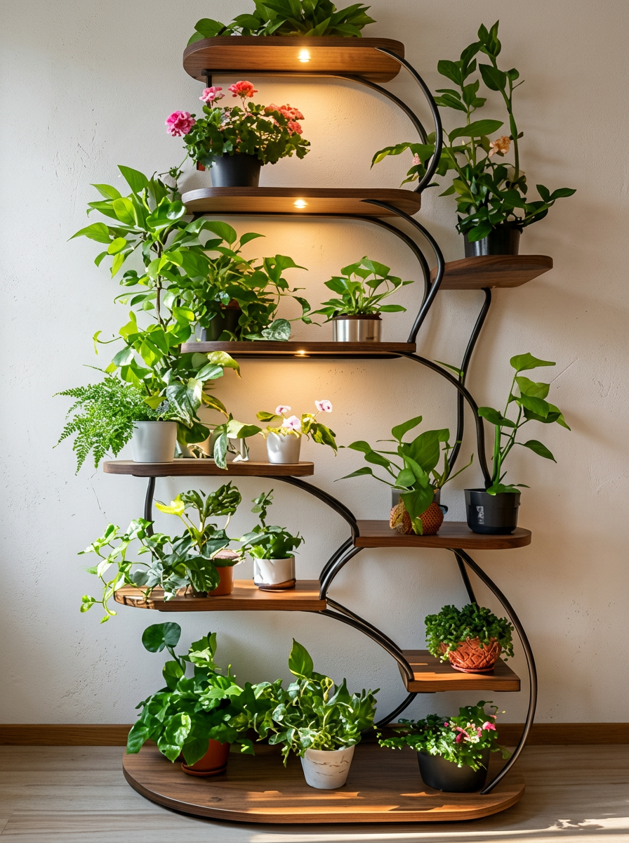 Sculptural curved iron tiered plant stand with warm overhead lighting and cascading greenery